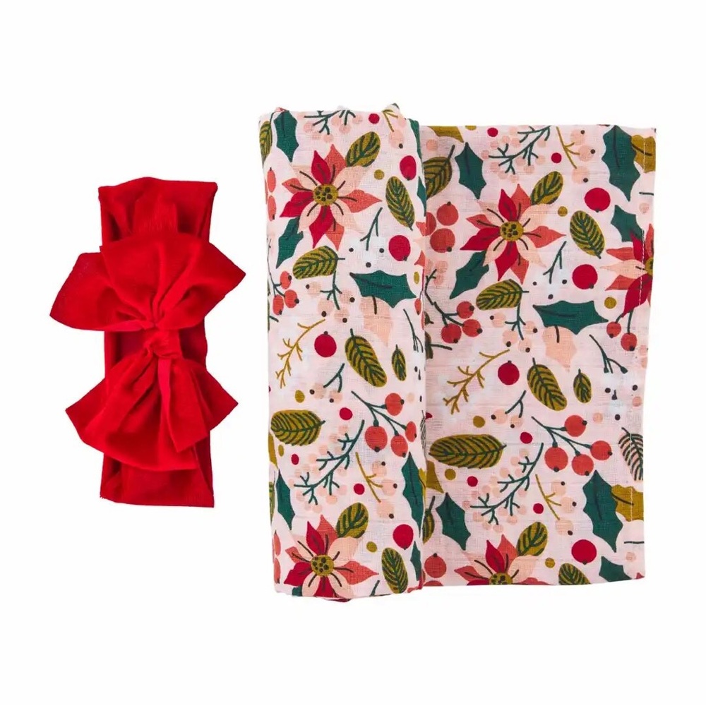 NWT Christmas Poinsettia Swaddling Blanket & Headband Set